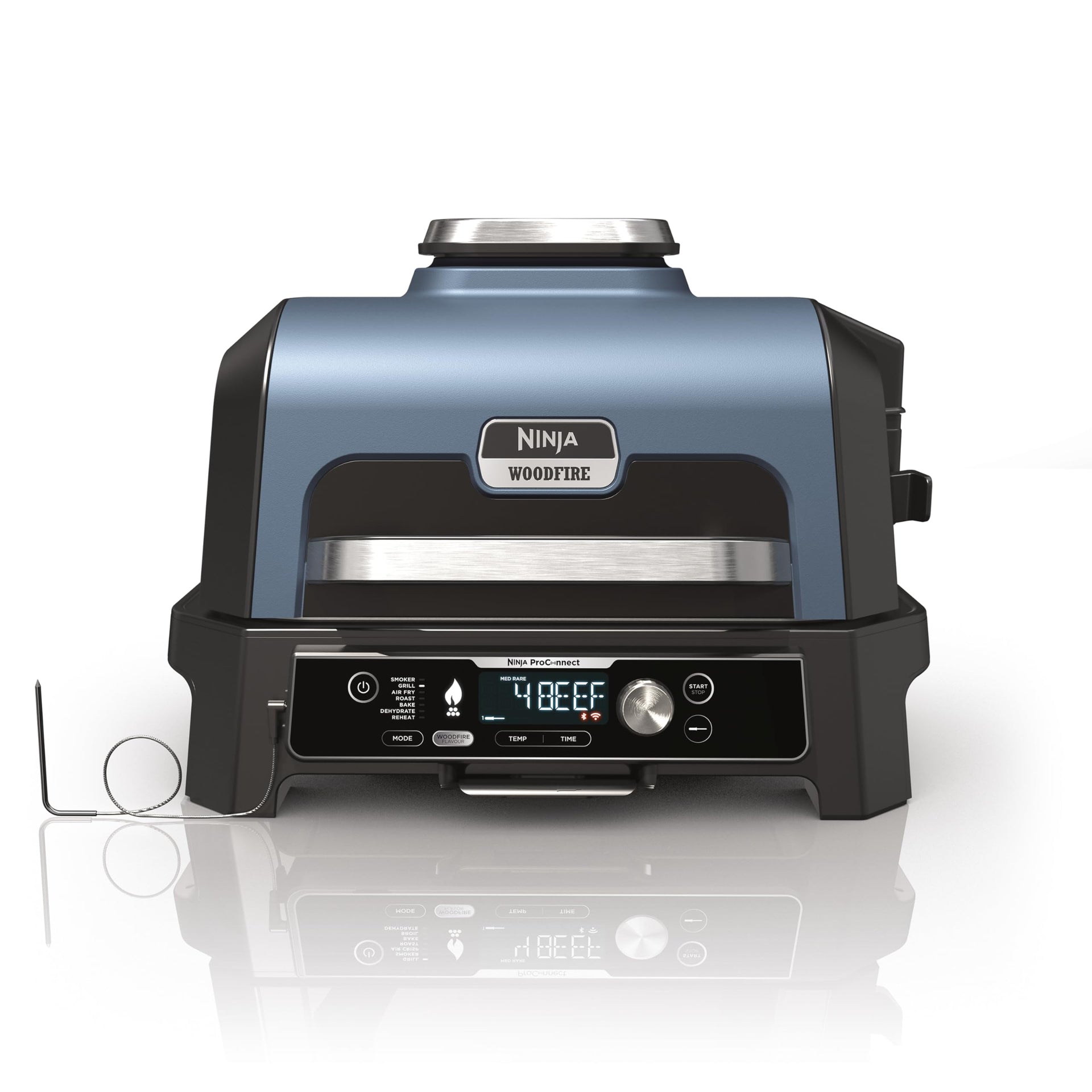 Ninja Woodfire Pro Connect XL Electric BBQ Grill and Smoker with App Control, Digital Probe, Large 7-in-1 Outdoor Grill and Air Fryer with Woodfire Pellets, Weather Resistant, Blue and Black OG901UK