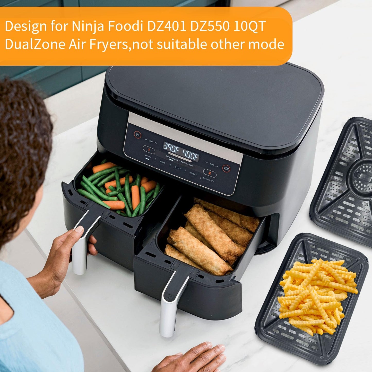 GWYXC 2 Pack Air Fryer Grill Pan for Ninja Foodi AF400UK 9.5L 6 in 1 DualZone 2 Drawers Air Fryer, Non-Stick Stainless Steel Replacement Crisper Plate Grill Tray Accessories, Dishwasher Safe