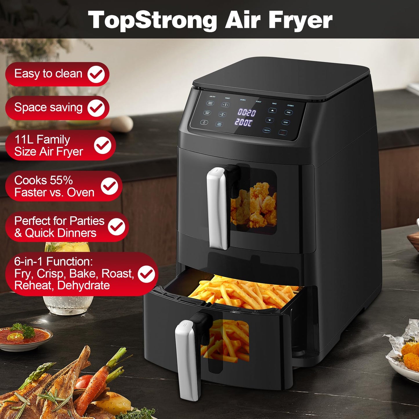 Dual Air Fryer, TopStrong Double Stack Air Fryer with Visual Window, 6 Functions-Air Fry, Air Roast, Bake, Broil, Reheat, Dehydrate, Dishwasher Safe Non-Stick Baskets, 2500W, Family Size(11L)
