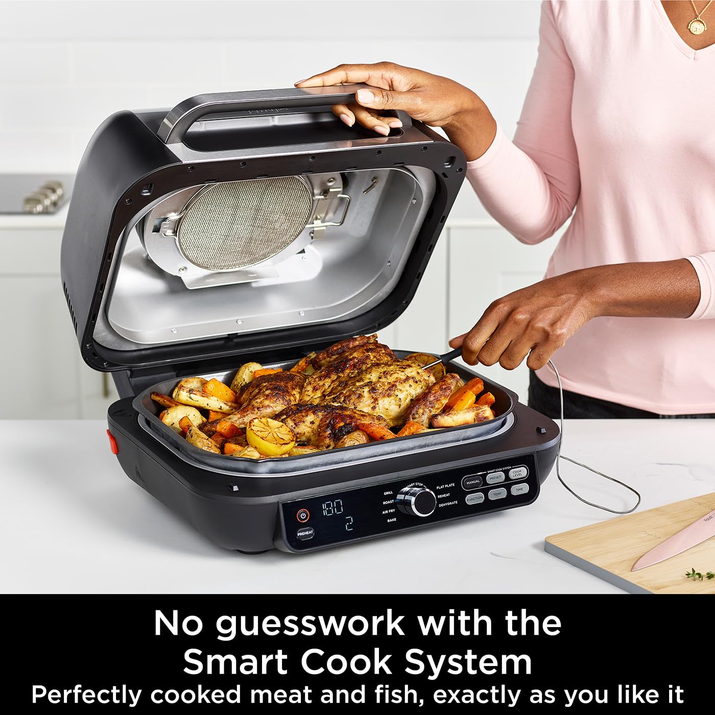 Ninja Foodi MAX PRO Health Grill, Flat Plate & Air Fryer 3.8L with Digital Cooking Probe, 7-in-1, Air Fry, Bake & more, Dishwasher Safe Parts, Cleaning Brush, Large Grill Plate, Silver/Black AG651UK