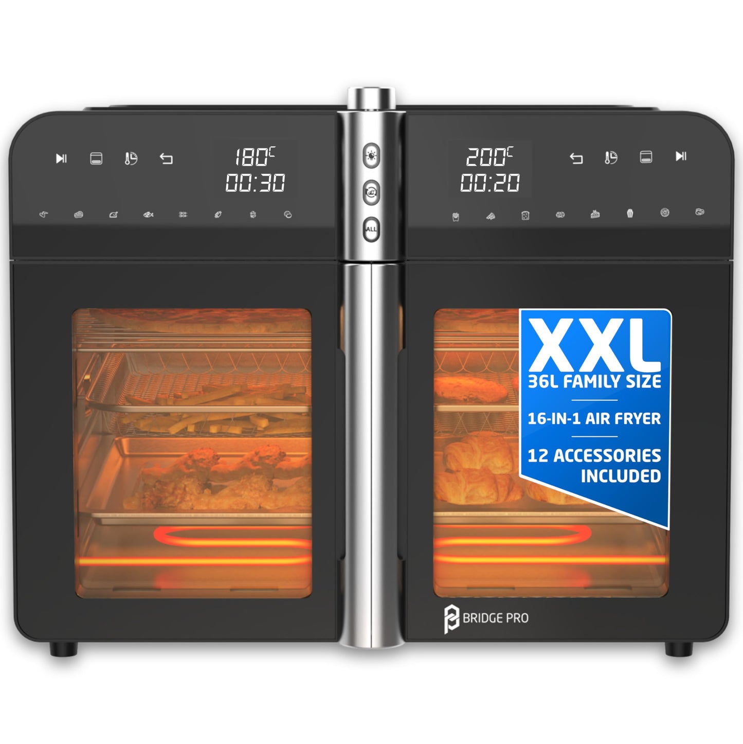 Bridge Pro 36 Litre Air Fryer Oven with French Doors and Accessories - XXL Air Fryer Dual Zone, Family Sized, Double Door, 16 in 1 Table Top Oven, Extra Large for Family, Fast and Healthy Cooking