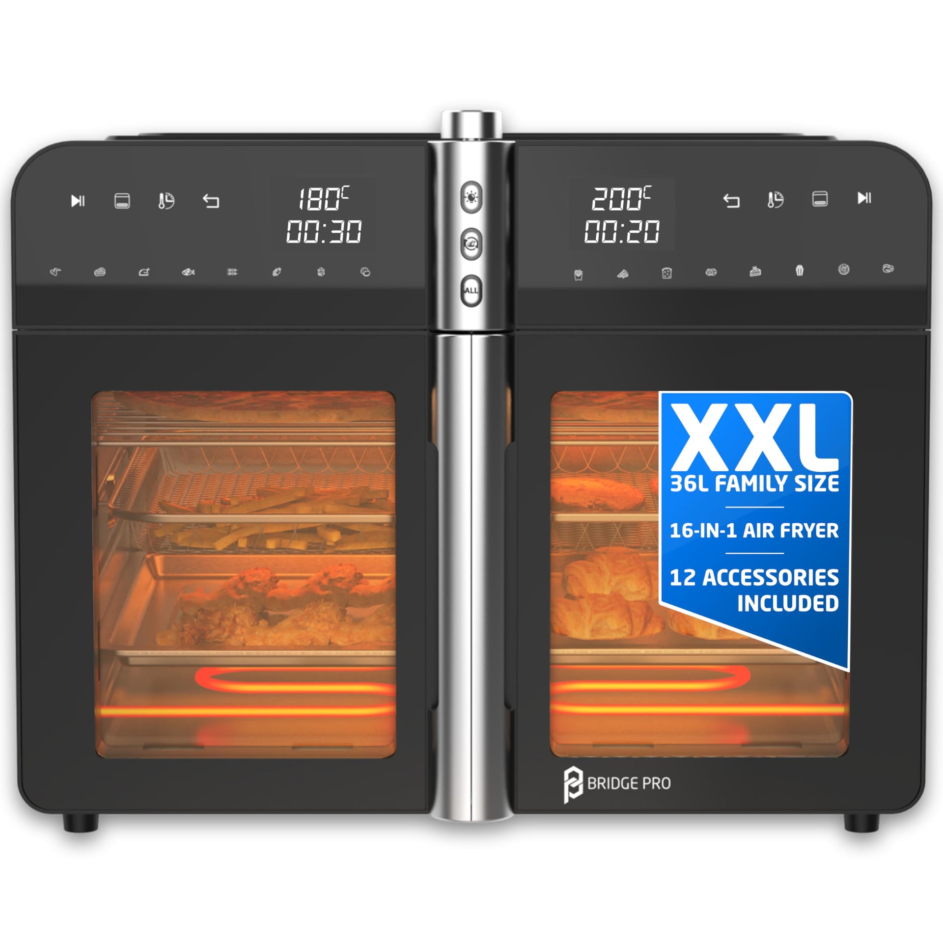Bridge Pro 36 Litre Air Fryer Oven with French Doors and Accessories - XXL Air Fryer Dual Zone, Family Sized, Double Door, 16 in 1 Table Top Oven, Extra Large for Family, Fast and Healthy Cooking