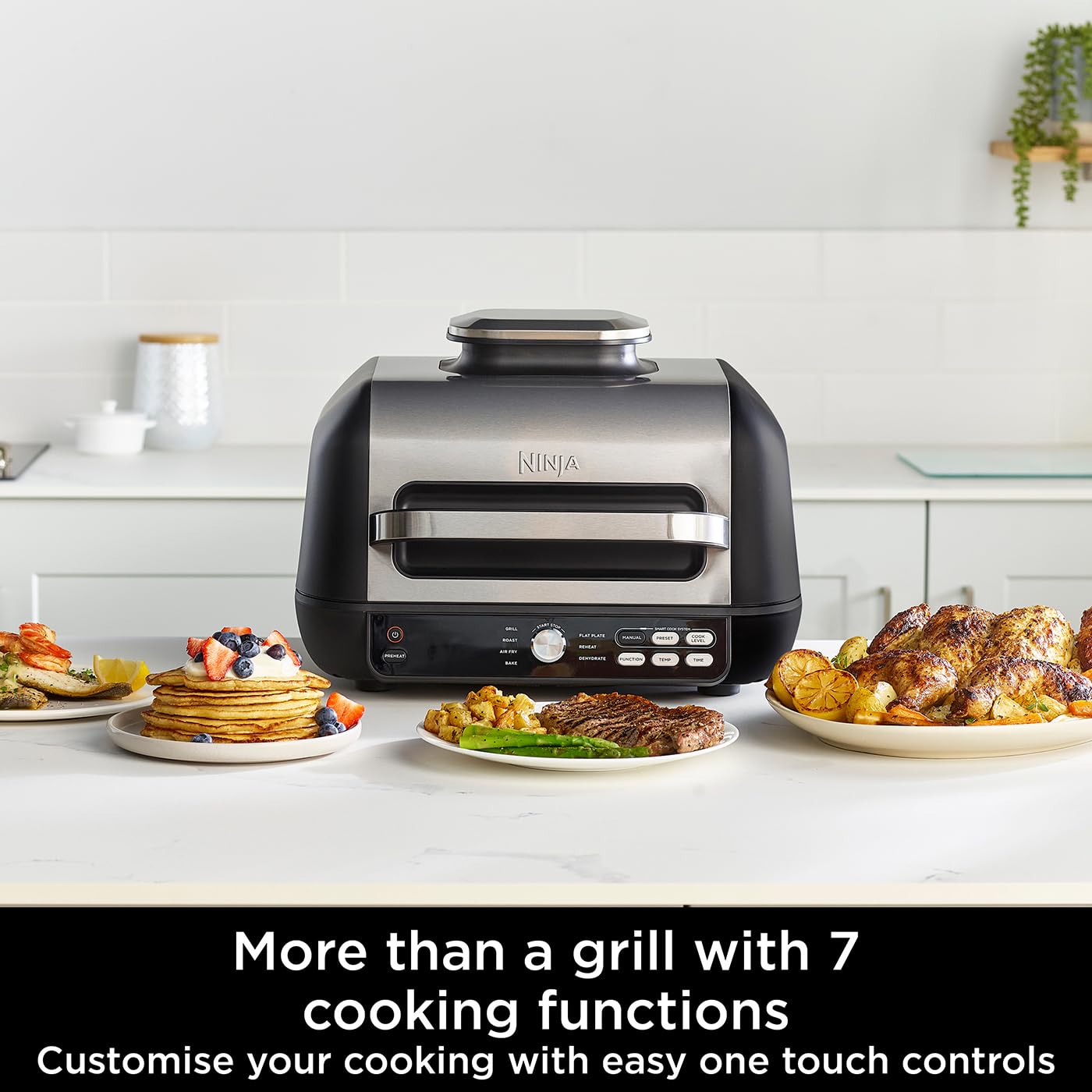 Ninja Foodi MAX PRO Health Grill, Flat Plate & Air Fryer 3.8L with Digital Cooking Probe, 7-in-1, Air Fry, Bake & more, Dishwasher Safe Parts, Cleaning Brush, Large Grill Plate, Silver/Black AG651UK