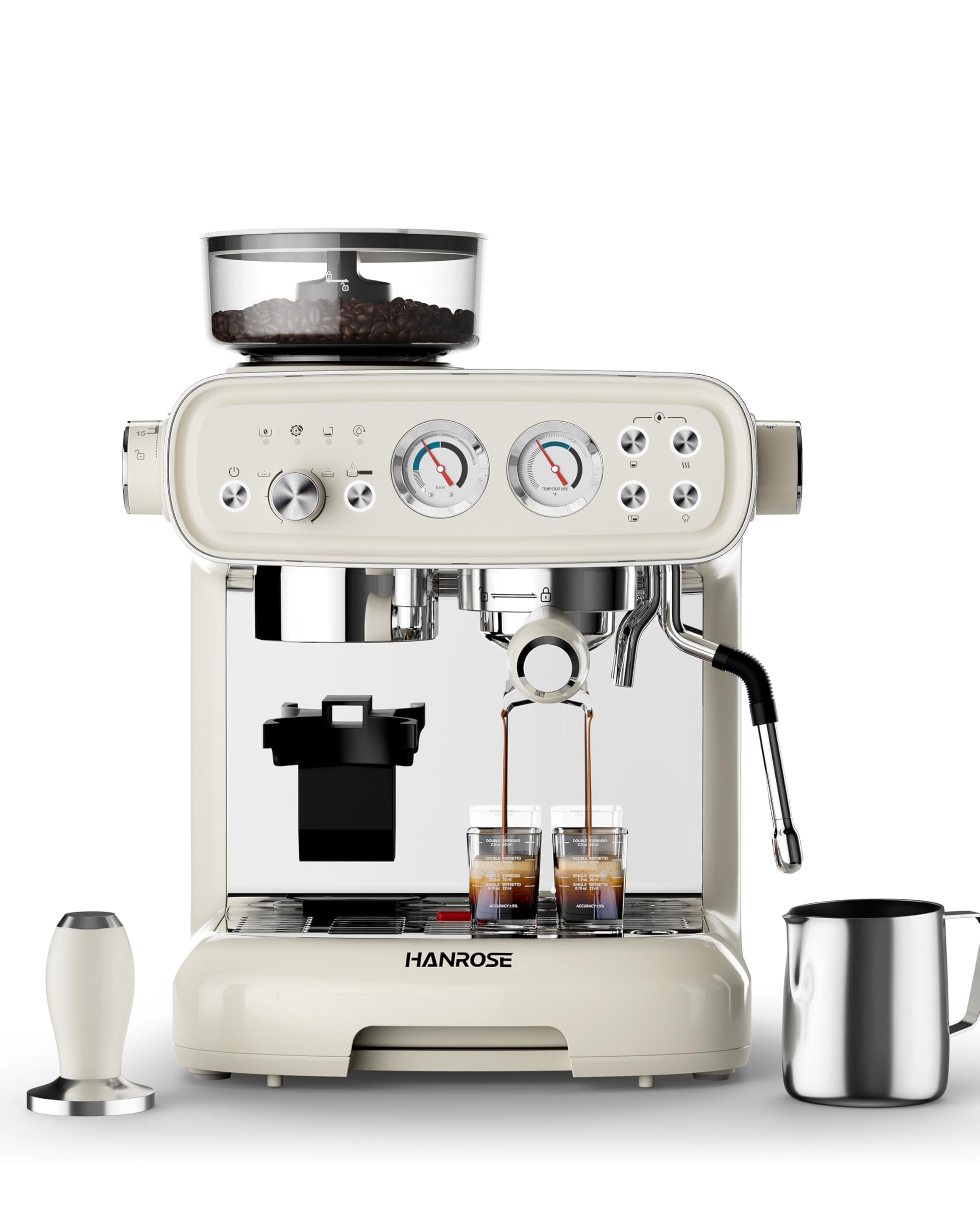Hanrose Bean to Cup Espresso Machine - 20 Bar Espresso Machine with Grinder & Milk Frother Steam Wand, 15 Grind Settings, 2.5L Removable Water Tank, Professional Coffee Maker for Home
