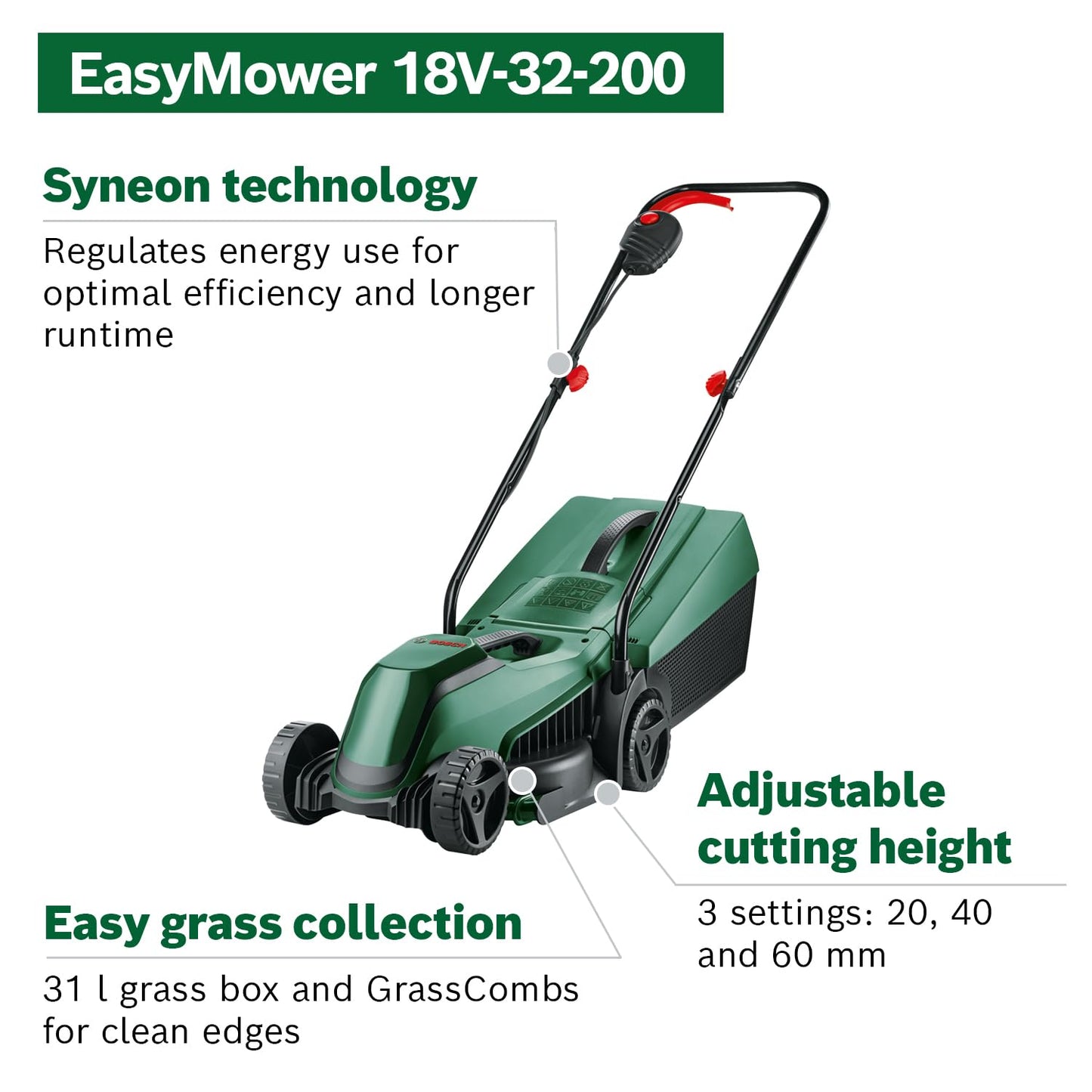 Bosch Cordless Lawnmower EasyMower 18V-32-200 (1x 4.0 Ah Battery, 18 Volt System, Cutting Width: 32 cm, in Carton Packaging)