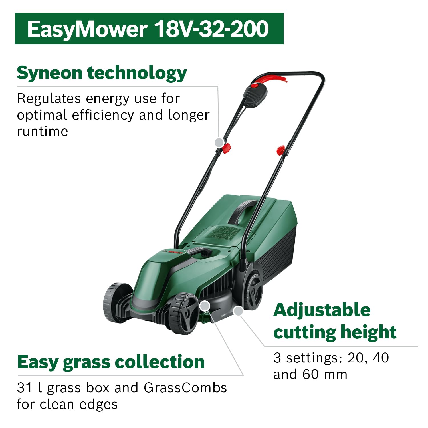 Bosch Cordless Lawnmower EasyMower 18V-32-200 (1x 4.0 Ah Battery, 18 Volt System, Cutting Width: 32 cm, in Carton Packaging)