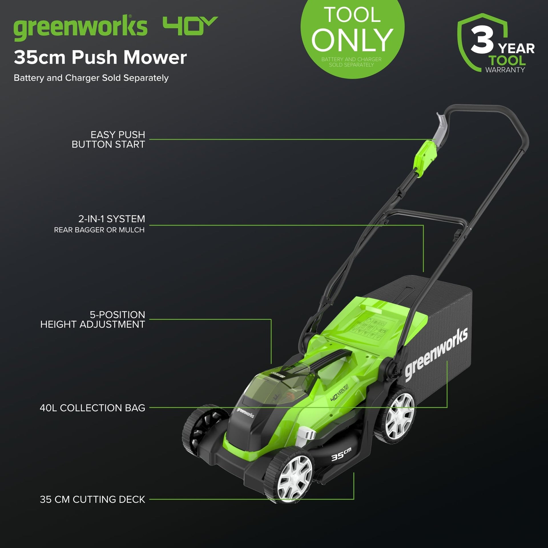 Greenworks G40LM35 Cordless Lawnmower for Lawns up to 400m², 35cm Cutting Width, 40L Bag WITHOUT 40V Battery & Charger, 3 Year Guarantee, Green