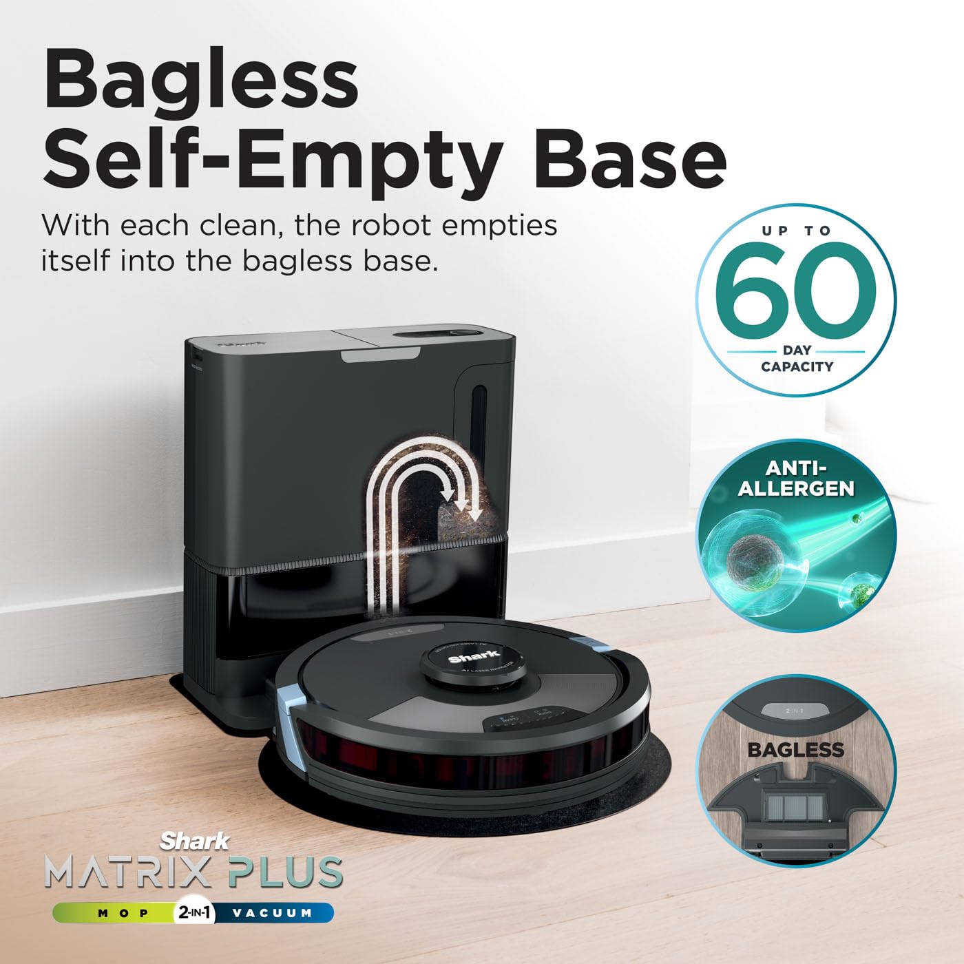 Shark Matrix Plus 2-in-1 Self-Empty Robot Vacuum Cleaner & Mop with LiDAR Home Mapping & Edge Cleaning, for Carpet, Hard Floors & Pet Hair, Anti-Allergen, Self-Charging, WiFi/App, Black