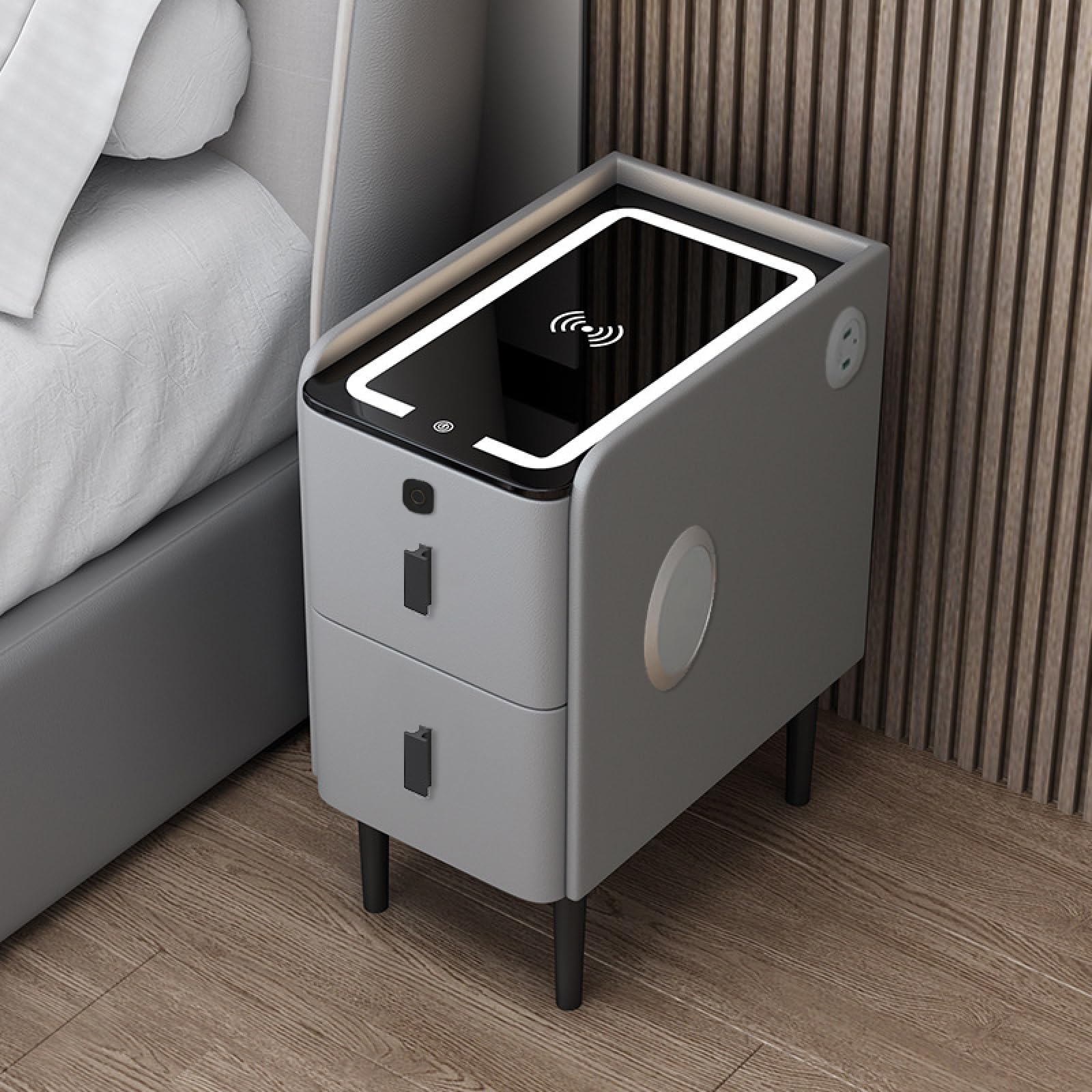 Modern Smart Bedside Table with Wireless Charging & LED - Light Gray