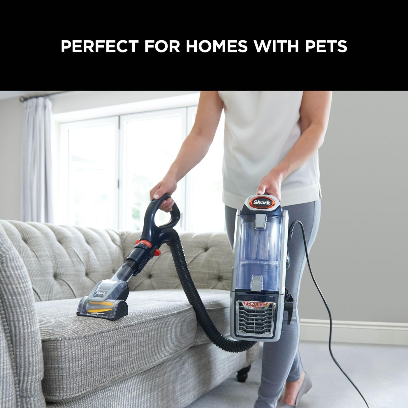 Shark Corded Upright Vacuum Cleaner,0.83L with Anti Hair Wrap Technology & DuoClean, Pet Model, Powered Lift-Away, LED Headlights, Anti-Allergen, 8m Cord, 750W, 3 Attachments, Navy/Orange, NZ801UKT