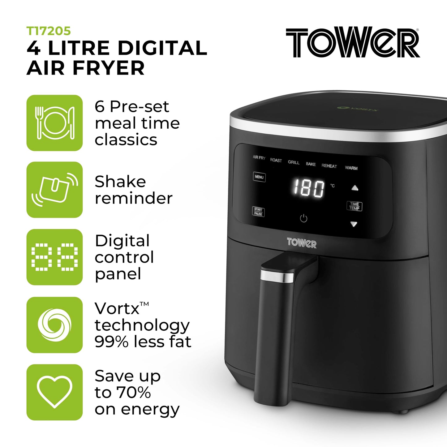 Tower T17205AFR Digital Air Fryer - Black 4L 1300W