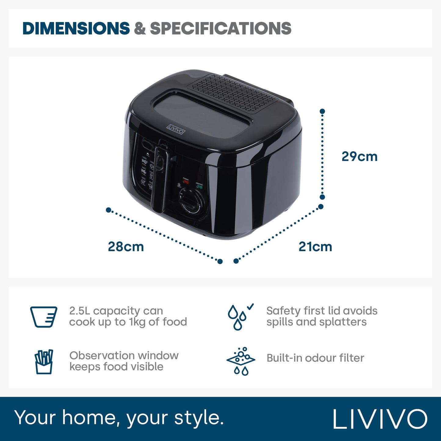 LIVIVO 2.5L Electric Deep Fat Fryer 1800W - Black