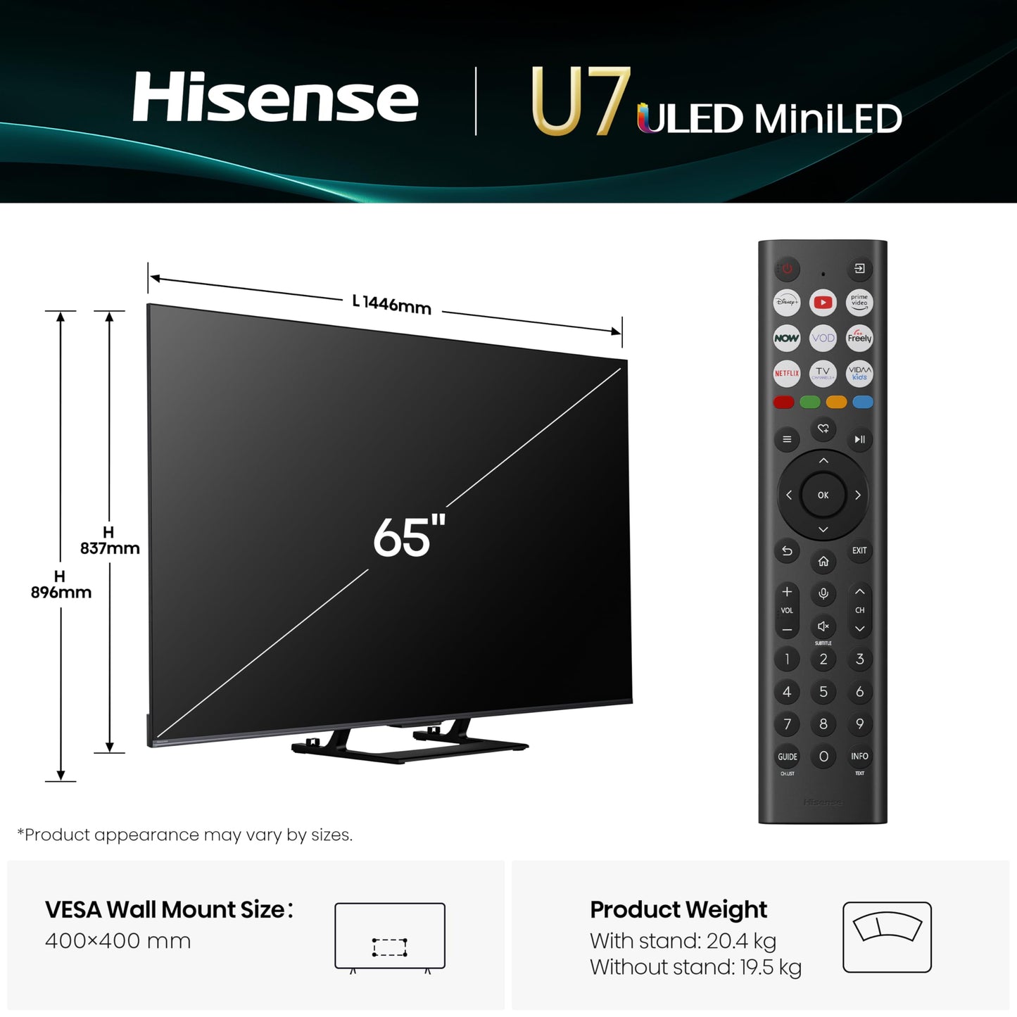 Hisense 65" 65U7QTUK MiniLED QLED 144Hz Smart TV - Black