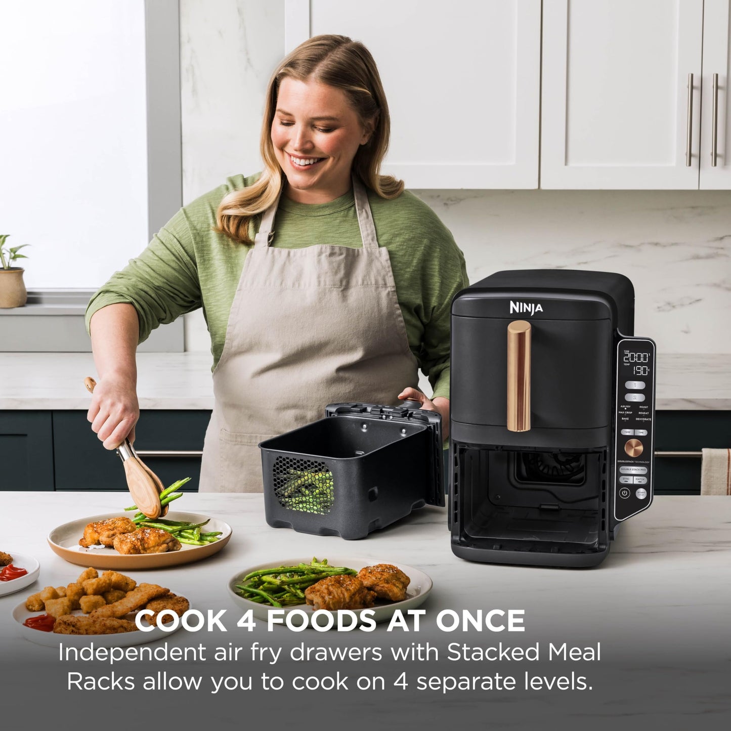 Ninja Double Stack XL Double Drawer Air Fryer, 4 Cooking Steps, 2 Drawers and 2 Stands, Space Saving Design, 9.5L Capacity, 6 Functions, 8 Serving, Tweezers, Black/Copper
