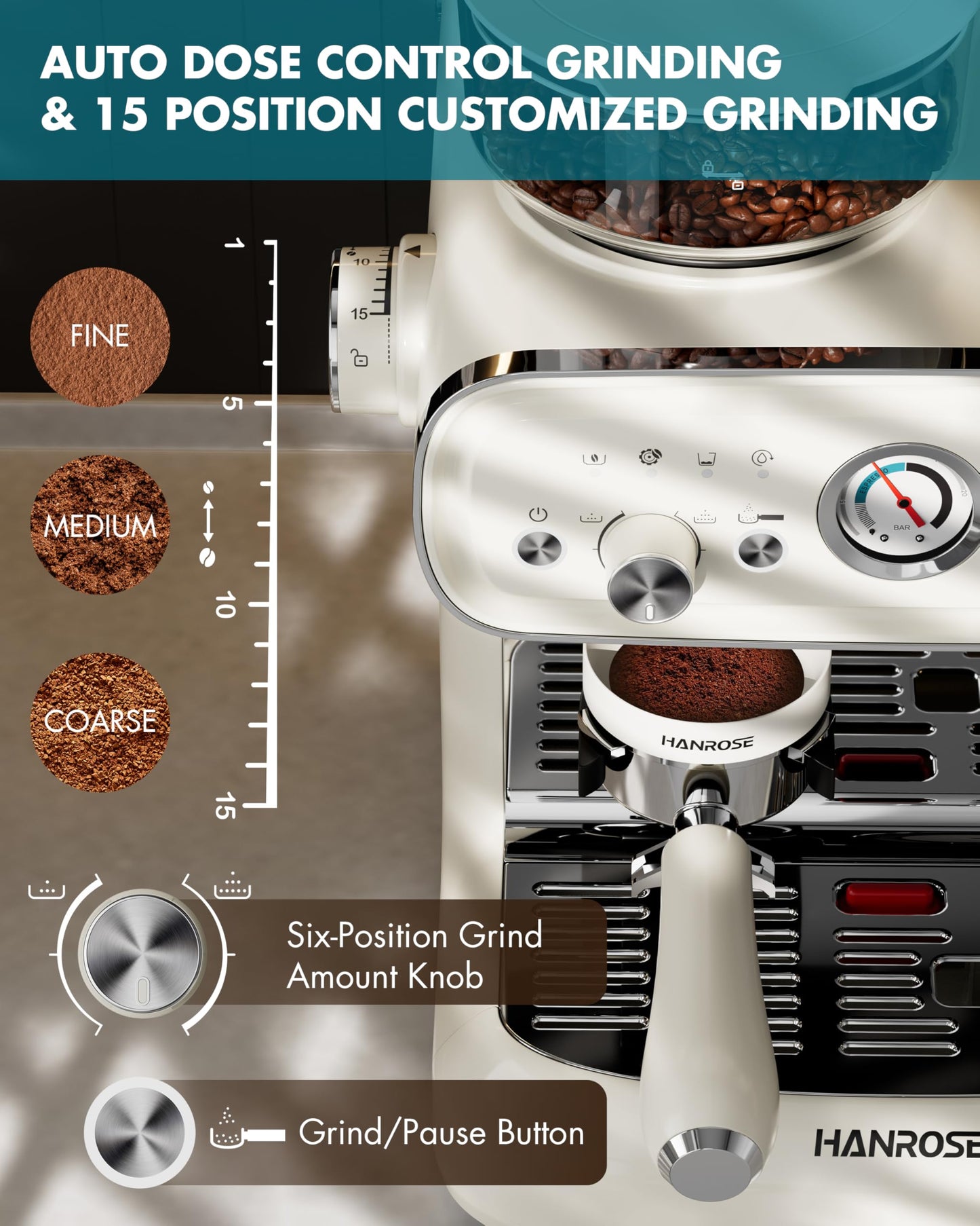 Hanrose Bean to Cup Espresso Machine - 20 Bar Espresso Machine with Grinder & Milk Frother Steam Wand, 15 Grind Settings, 2.5L Removable Water Tank, Professional Coffee Maker for Home