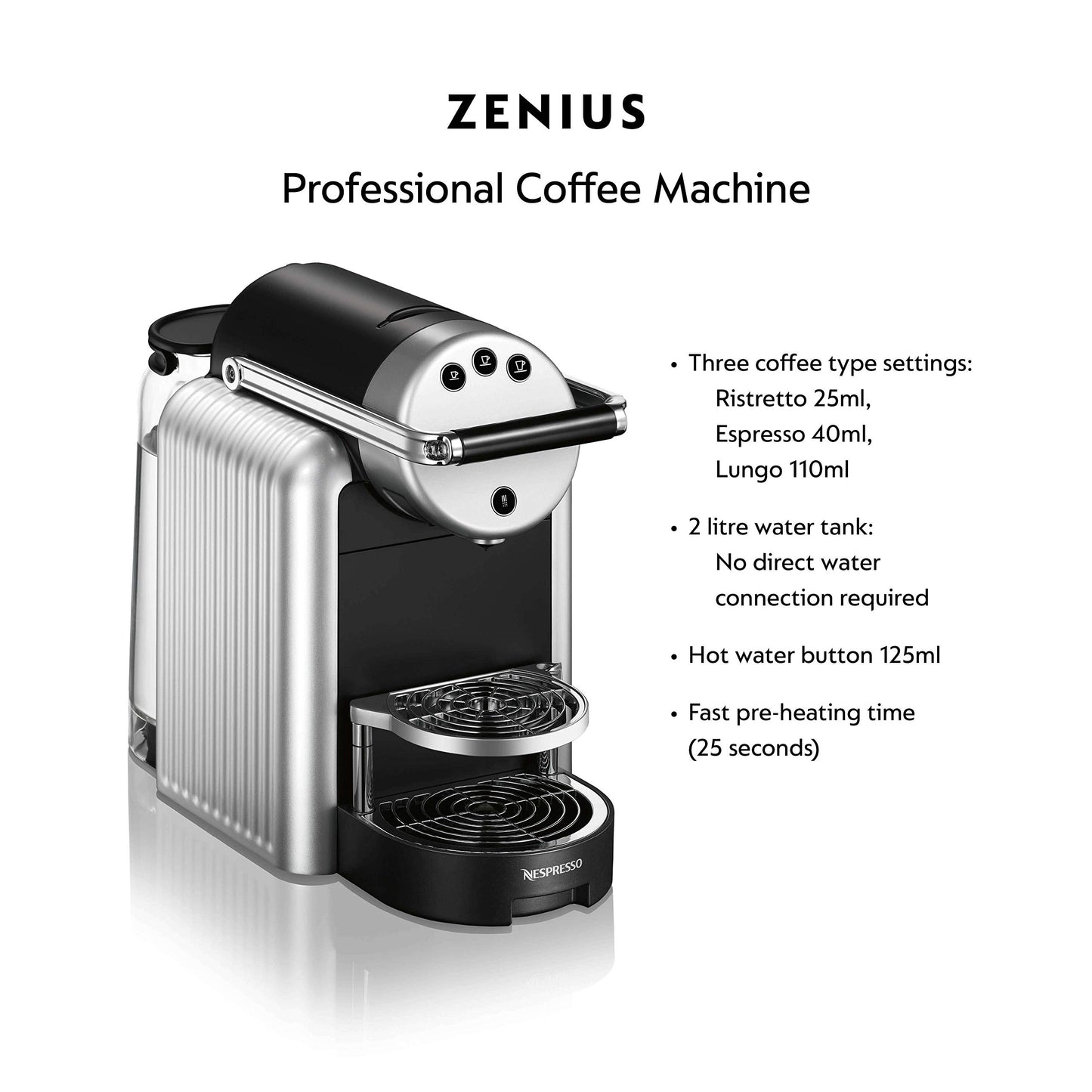 Nespresso Professional Zenius Automatic Coffee Machine with Aeroccino4 (Milk Frother) and 100 Coffee Capsules, Ideal for Small Offices – Silver