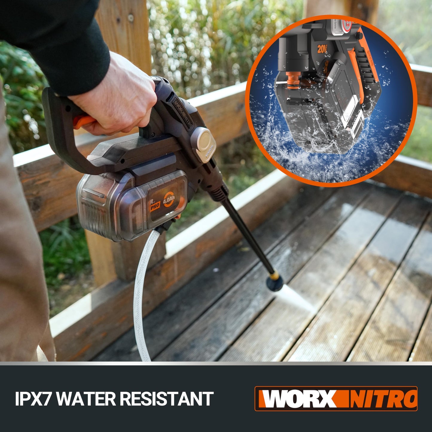 WORX Nitro HydroShot WG633E 20V High-Flow Cordless Portable Pressure Cleaner Power Washer with Brushless Motor Up to 56 Bar Pressure, IPX7 Waterproof Battery, Charger, Multi-Spray Nozzle & Accessories