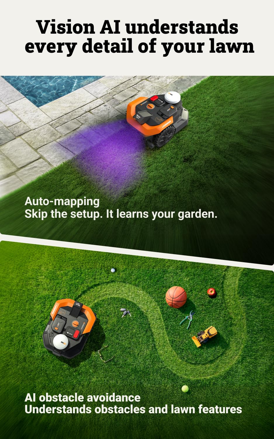 WORX Landroid Vision Cloud WR305E 2WD Robotic Lawnmower without Boundary Cable for 500 m² (AI Obstacle Detection, VSLAM+ RTK Cloud Navigation, Auto Mapping, App Control)