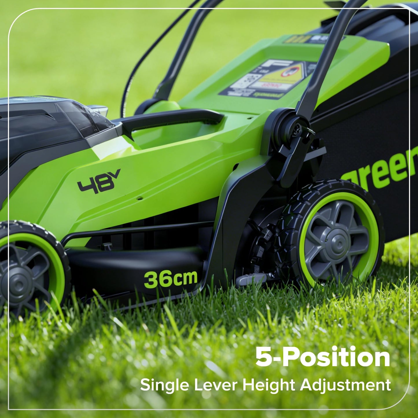 Greenworks 48V (24V x 2) Lithium‑Ion Cordless Lawnmower, 36cm Cutting Width, up to 400m², 40L Grass Bag, 5-position central height adjustment 30–80mm, Battery & Charger Not Included – LM3602