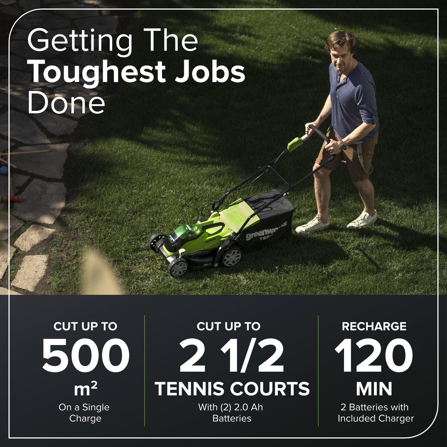 Greenworks 40V Cordless Lawnmower for Lawns up to 400m², 35cm Cutting Width, 40L Bag PLUS Two 40V 2Ah Batteries & One Charger, 3 Year Guarantee-G40LM35K2X, Green