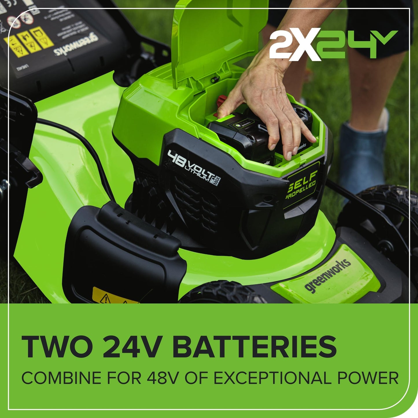 Greenworks 48V (2x24V) Self Propelled Cordless Lawnmower for Large Lawns up to 480m2, 46cm Cutting Width, 55LBag PLUS Two 4Ah Batteries and Twin Charger, 3 Year Guarantee GD24X2LM46SPK4X