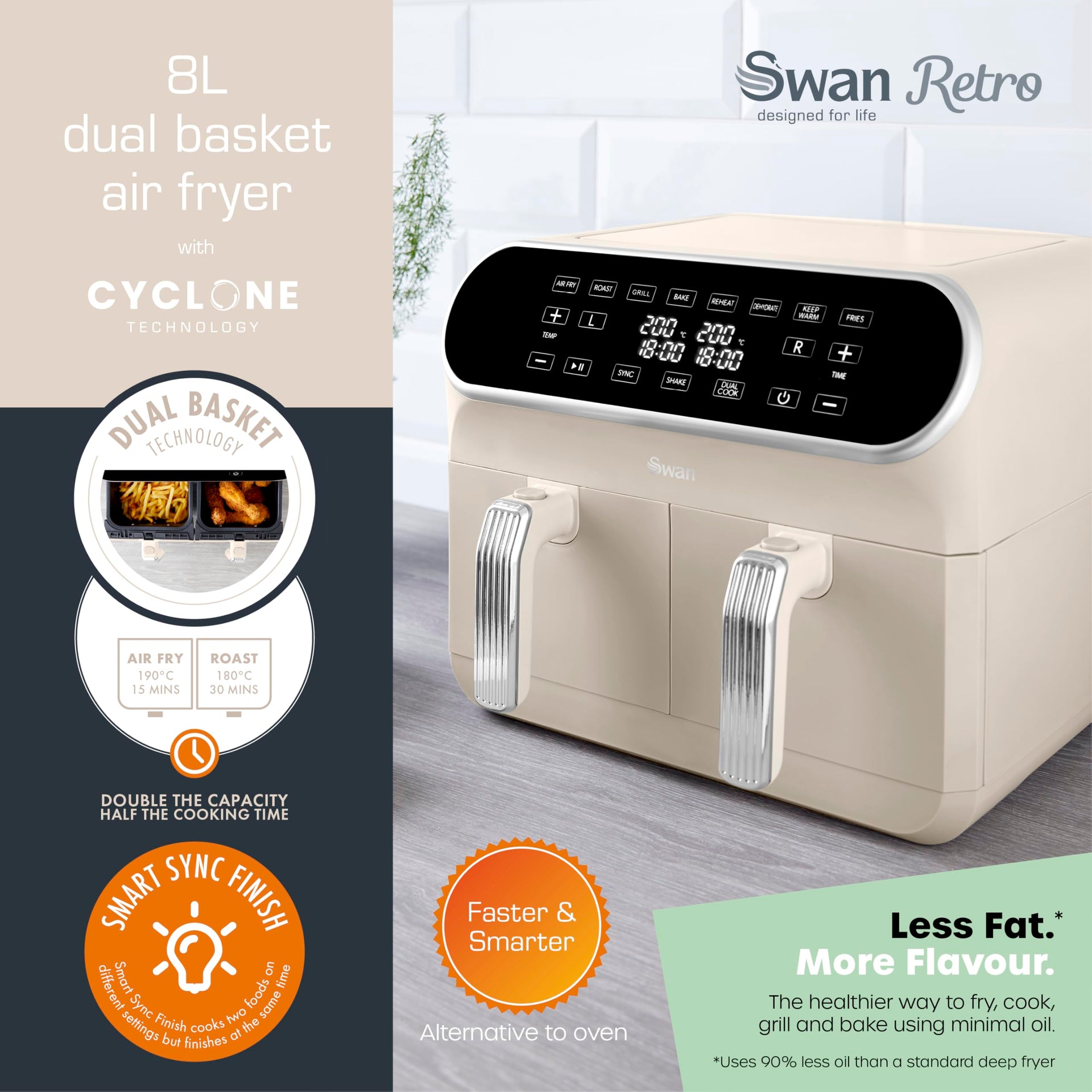 Swan Retro Dual Basket Air Fryer 8L 1700W - Cream
