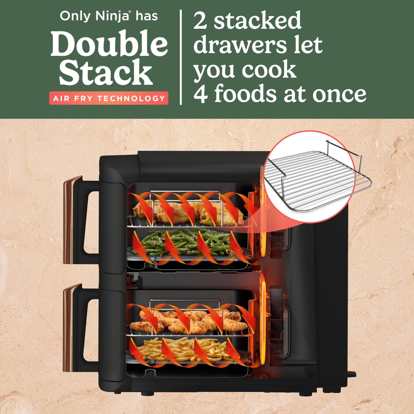 Ninja Double Stack XL Double Drawer Air Fryer, 4 Cooking Steps, 2 Drawers and 2 Stands, Space Saving Design, 9.5L Capacity, 6 Functions, 8 Serving, Tweezers, Black/Copper