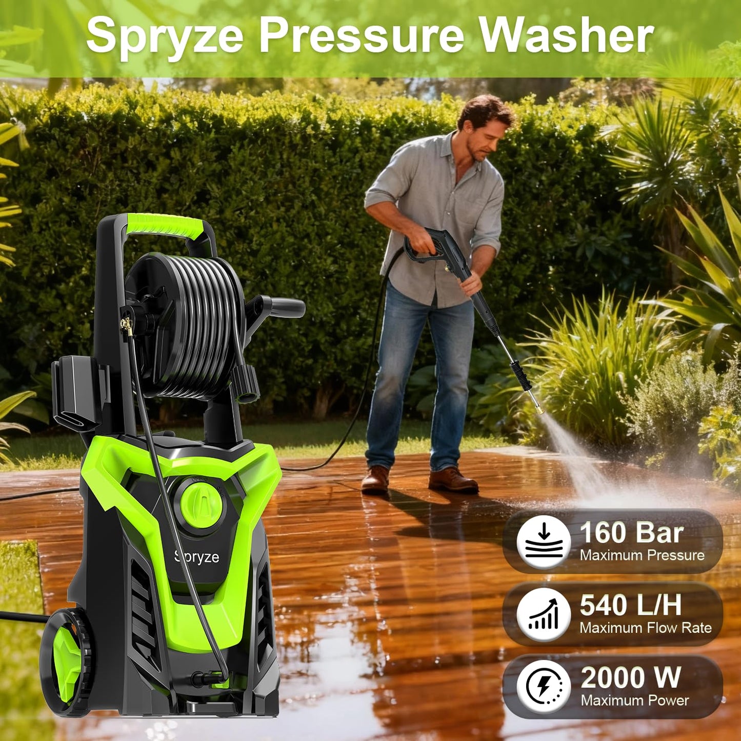 Pressure Washers, 2000W 160Bar 540L/H Jet Washers Pressure Washers with Foam Cannon, 4 Nozzles, 8M High-Pressure Hose, 6M Power Cord, Power Washer for Cars, Fences, Patios, Decks, Patios and Driveway