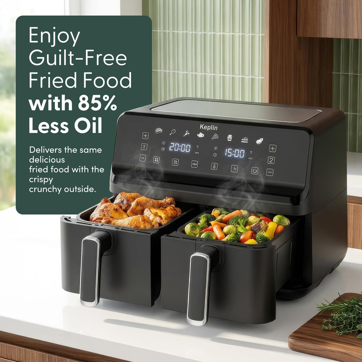 Keplin 9L Dual Zone Air Fryer - 2700W 8-in-1 Cooker Black