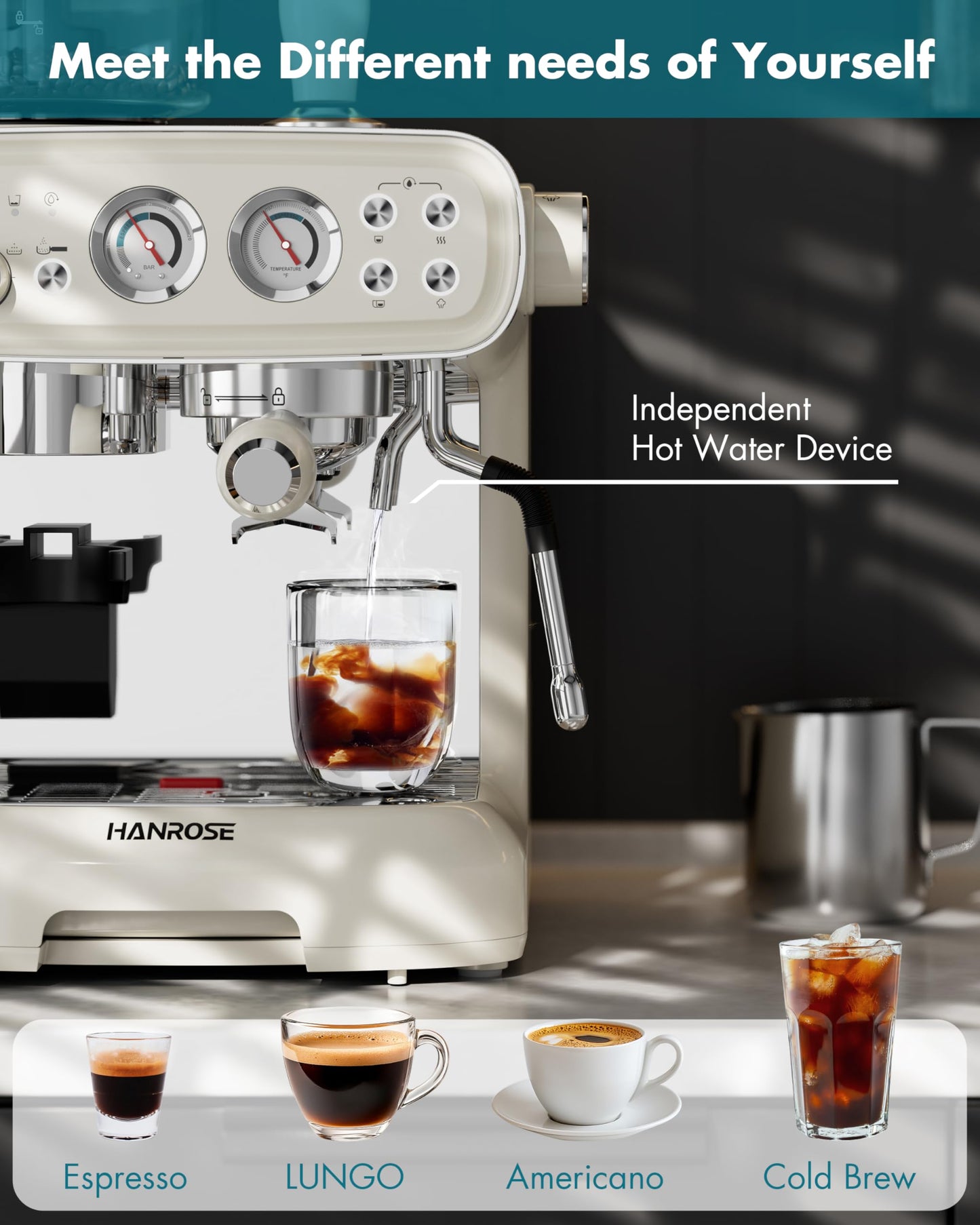 Hanrose Bean to Cup Espresso Machine - 20 Bar Espresso Machine with Grinder & Milk Frother Steam Wand, 15 Grind Settings, 2.5L Removable Water Tank, Professional Coffee Maker for Home