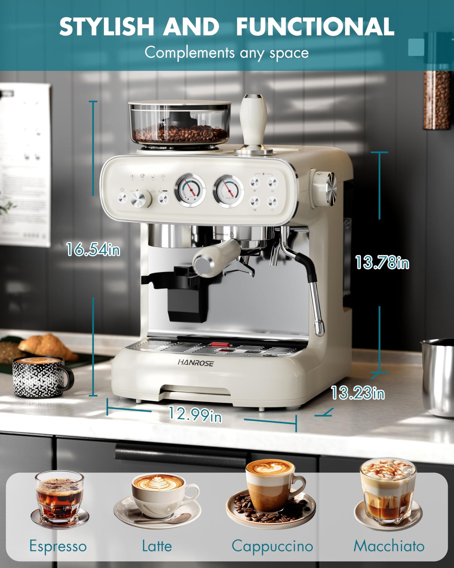 Hanrose Bean to Cup Espresso Machine - 20 Bar Espresso Machine with Grinder & Milk Frother Steam Wand, 15 Grind Settings, 2.5L Removable Water Tank, Professional Coffee Maker for Home