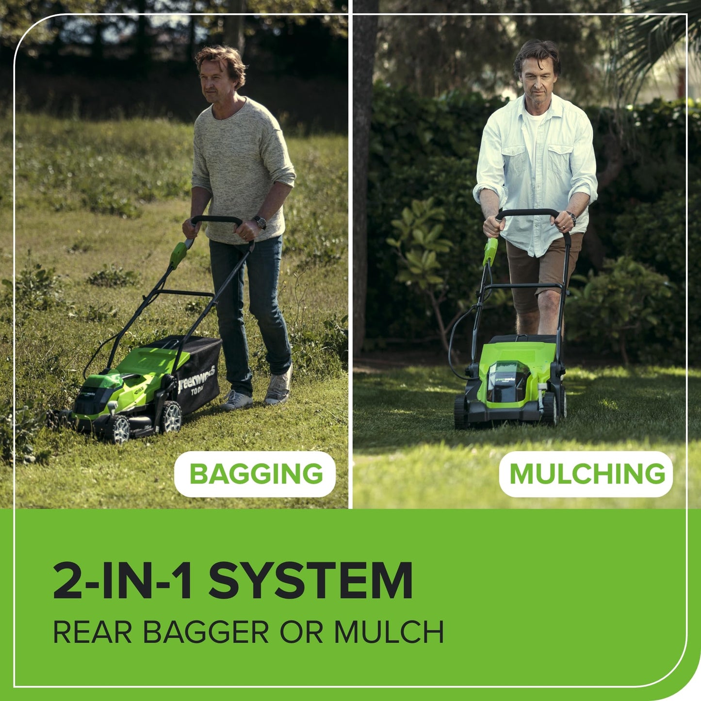 Greenworks 40V Cordless Lawnmower for Lawns up to 400m², 35cm Cutting Width, 40L Bag PLUS Two 40V 2Ah Batteries & One Charger, 3 Year Guarantee-G40LM35K2X, Green