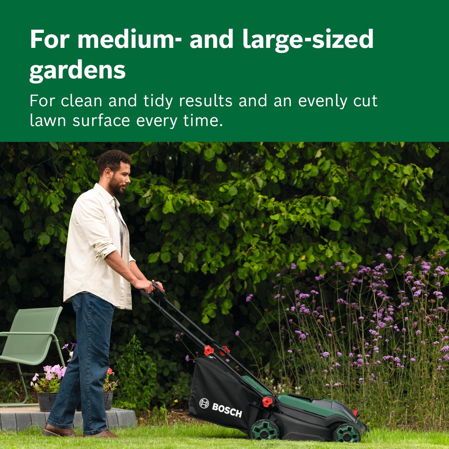 Bosch Cordless Lawn Mower ROTAK18V2-38 (Cutting Width: 38 cm, Height of Cut: 30-75 mm, 40 l Fabric Grass Bag, Mulch Plug, incl 2 x 18V Battery and Charger)