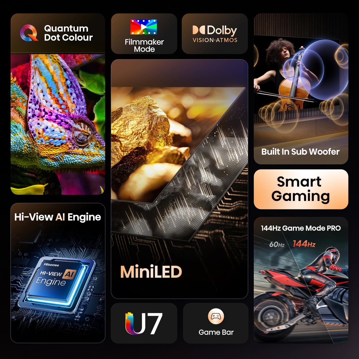 Hisense 65" 65U7QTUK MiniLED QLED 144Hz Smart TV - Black