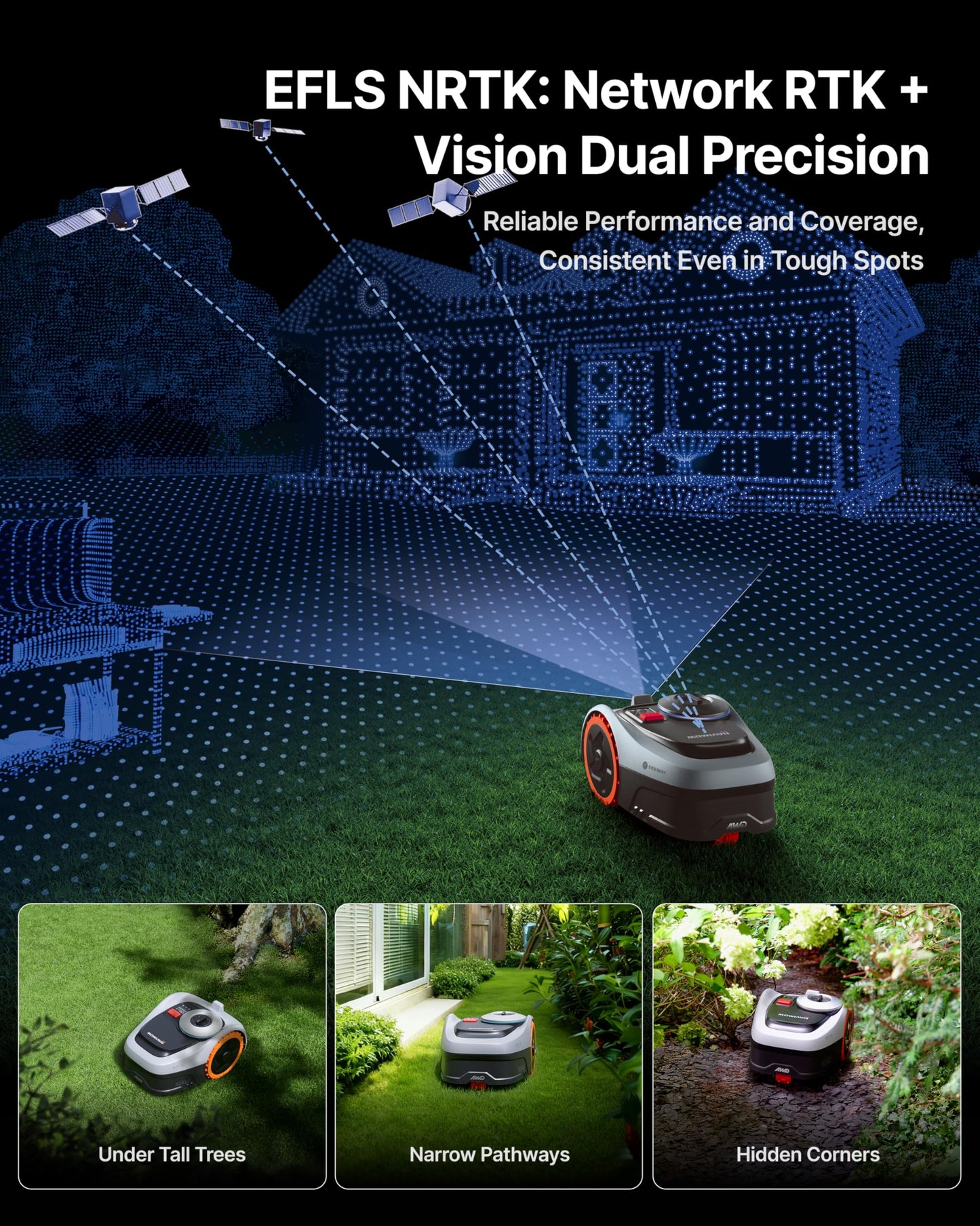 Segway Navimow i208 AWD Robot Lawn Mower without Boundary for 800 m², w/Garage S, All-Wheel-Drive for 45% Slopes, EFLS NRTK + Vision, Auto Mapping, No RTK Antenna Required (Ship Separately)