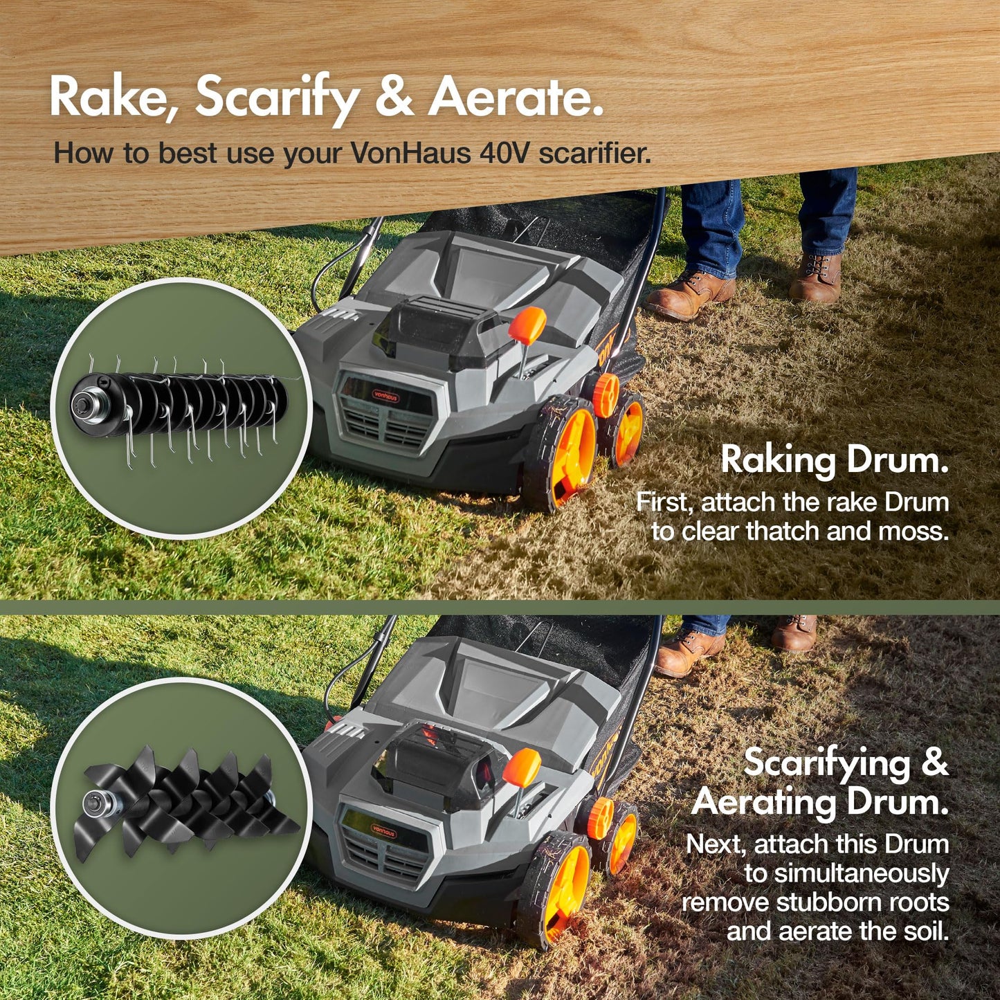 VonHaus Lawn Scarifier/Aerator/Rake Cordless – for Dethatching/Raking Grass of Thatch, Moss, Dead Leaves & Aerates Soil – 40V Battery (2x 20V), Dual Charger, 45L Collection Box, 38cm Working Width