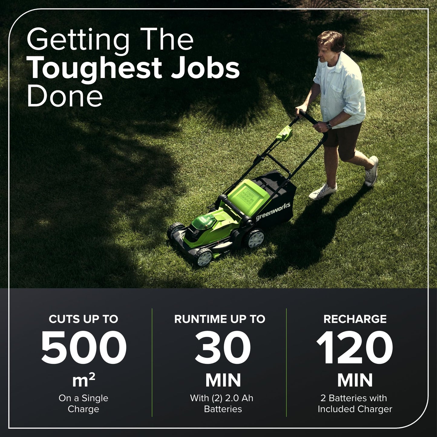 Greenworks 40V Cordless Lawnmower for Lawns up to 500m², 41cm Cutting Width, 50L Bag, Two of 40V 2Ah Batteries & One Charger, 3 Year Guarantee-G40LM41K2X, Green, Black, Grey